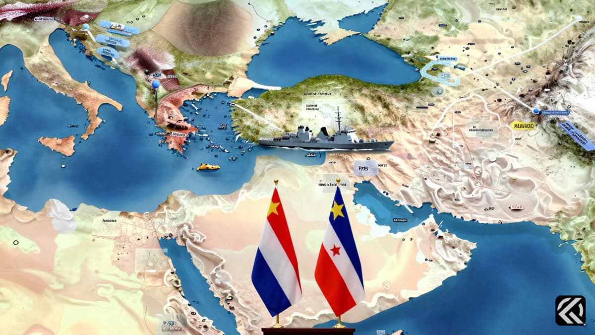 Realistic view of the Strait of Hormuz with naval vessel and symbolic financial graphics representing the US and Iran diplomatic talks.