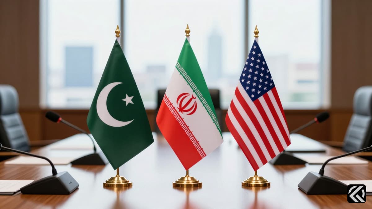 National flags of Pakistan, Iran, and the US on a conference table symbolizing diplomatic talks.
