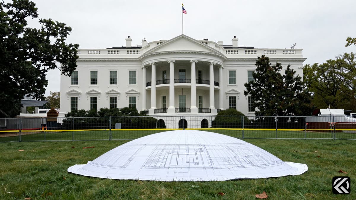 Fenced construction site where the White House East Wing once stood, with blueprints for a new ballroom.