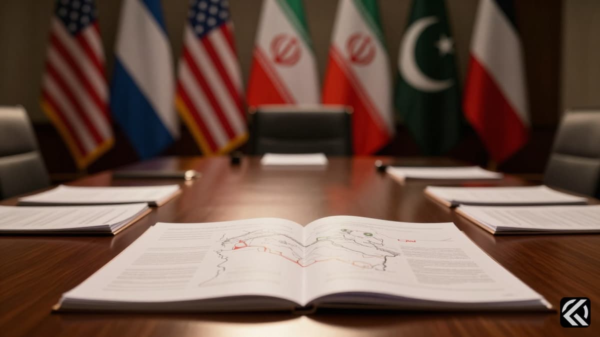 A dimly lit diplomatic table with national flags of the US, Iran, and Pakistan during late-night negotiations.