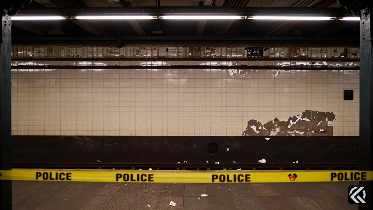 Empty NYC subway platform at Grand Central after a fatal shooting incident with police tape and debris.