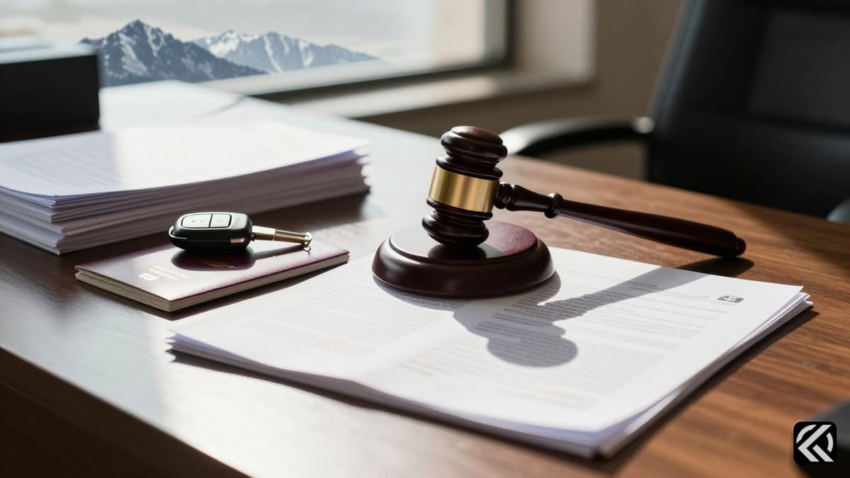 A gavel rests on official documents and a passport on a desk with Himalayan mountains in the background, symbolizing legal action.
