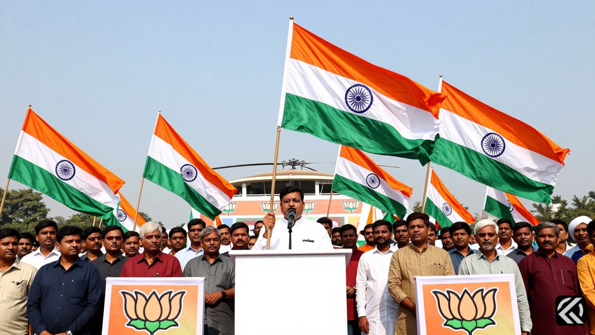 Crowd at a political rally in West Bengal with waving Indian flags and a podium.
