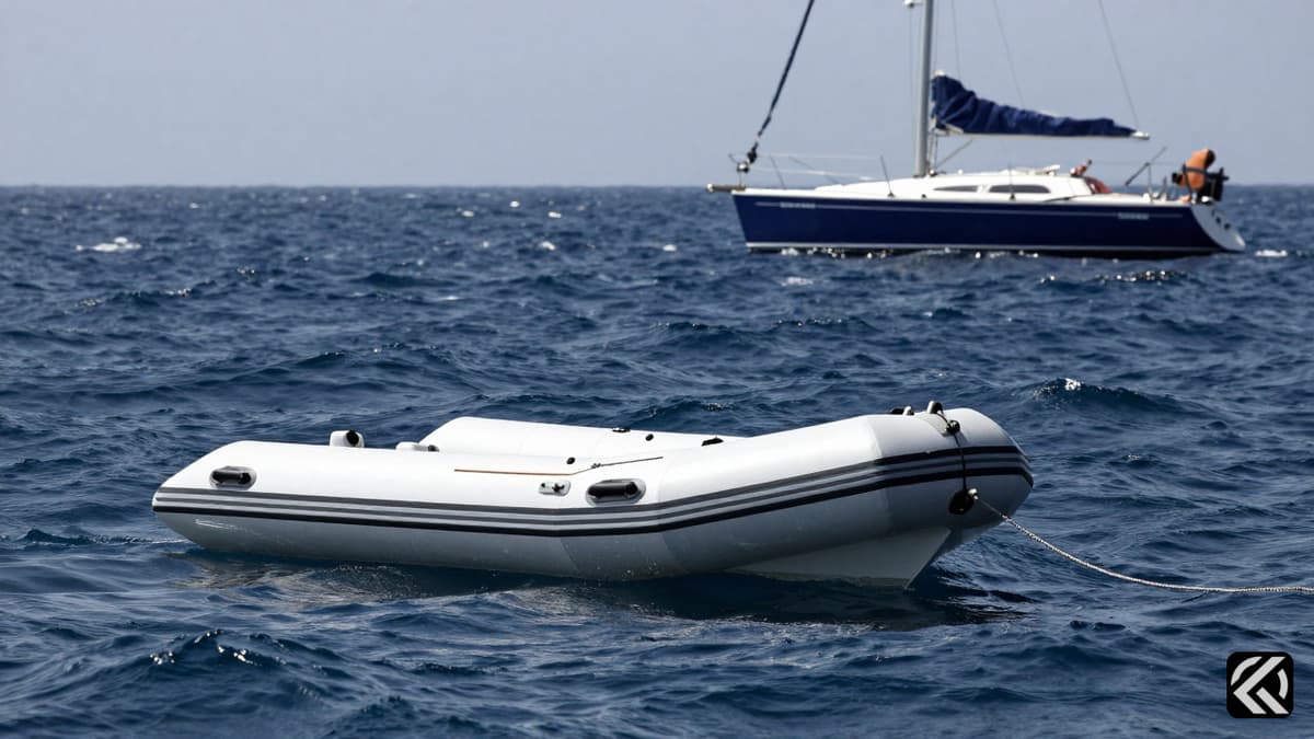 A small inflatable dinghy drifting on rough seas near a larger sailboat, symbolizing the missing sailor.
