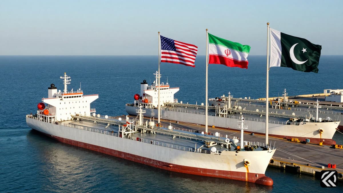 Empty oil tankers docked at a harbor with US, Iran, and Pakistan flags flying in the background during negotiations.