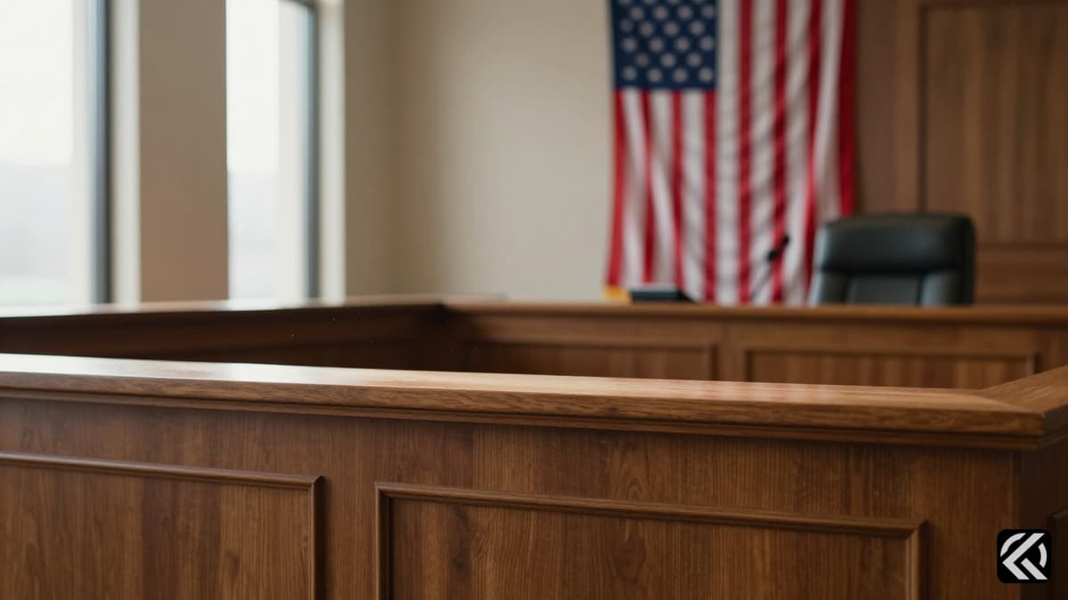 A realistic courtroom scene with a judge's bench and an American flag representing legal proceedings.