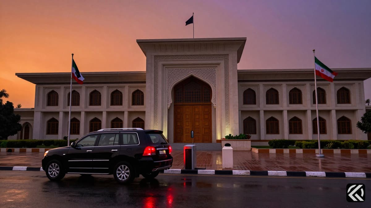 Diplomatic vehicle parked outside a government building in Islamabad with US and Iranian flags at dusk, symbolizing failed peace talks.
