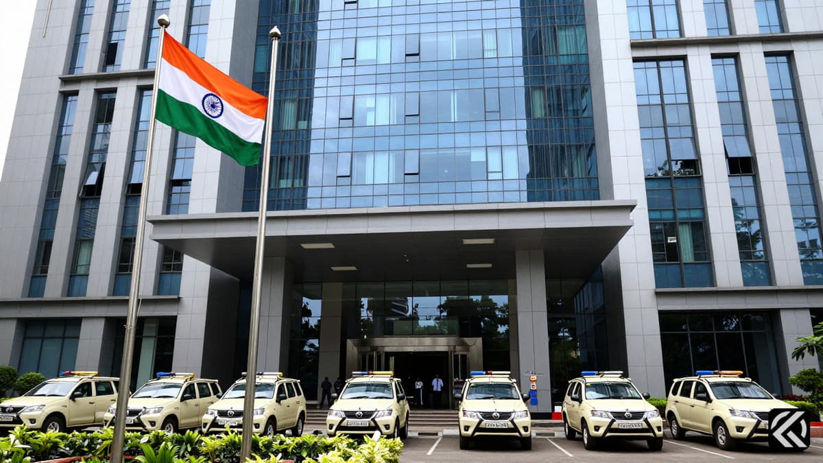 Indian flag flying outside a modern office building with police vehicles present, symbolizing an investigation.
