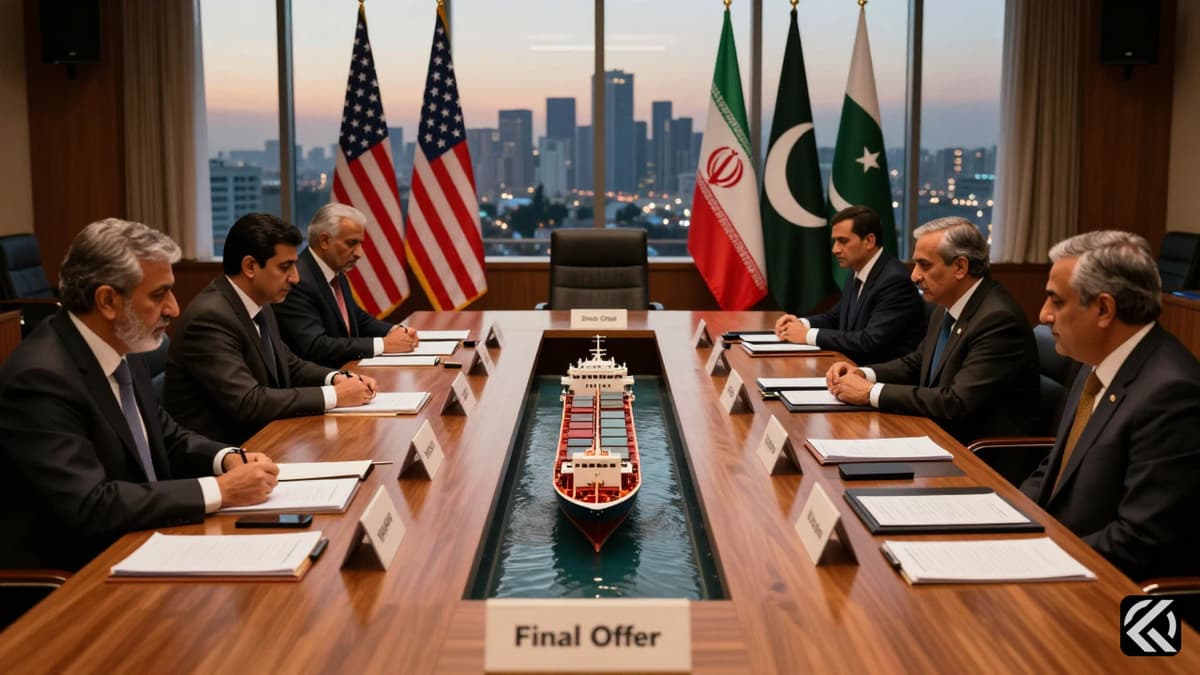 Diplomatic meeting room in Islamabad with US, Iran, and Pakistan flags and documents on a table.