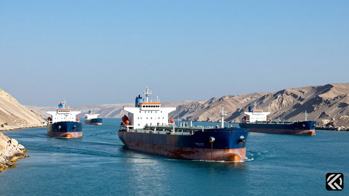 Empty and loaded oil tankers navigating the Strait of Hormuz under bright sunlight.