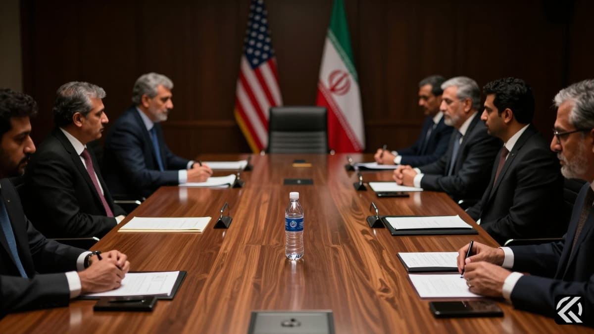 A dimly lit conference room in Islamabad with US and Iranian flags symbolizing a diplomatic stalemate.