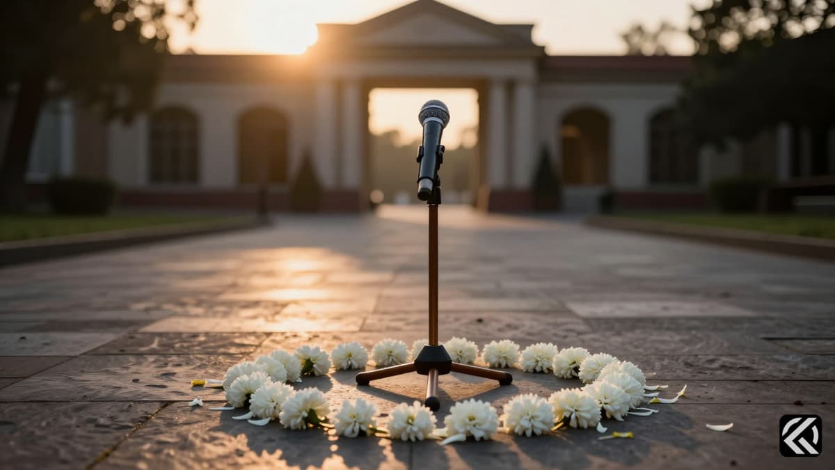 A microphone and marigold petals on stone near a blurred building entrance at sunset.
