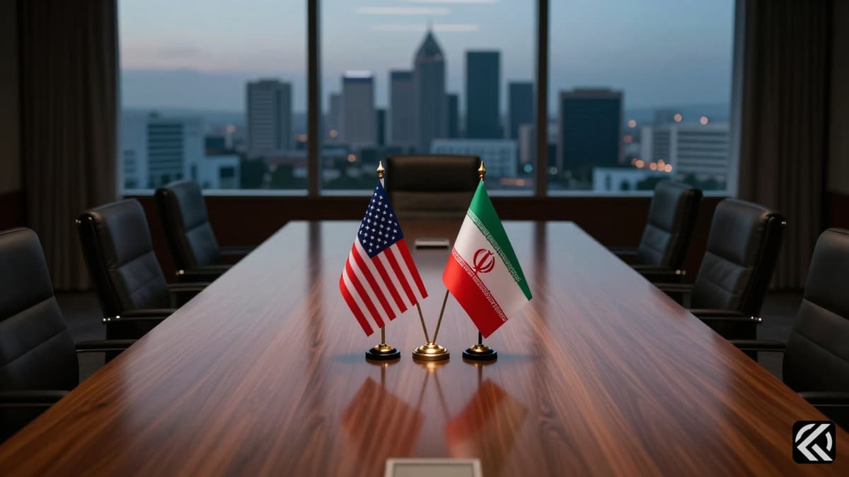 Empty negotiation table with US and Iranian flags symbolizing failed diplomatic talks in Islamabad.