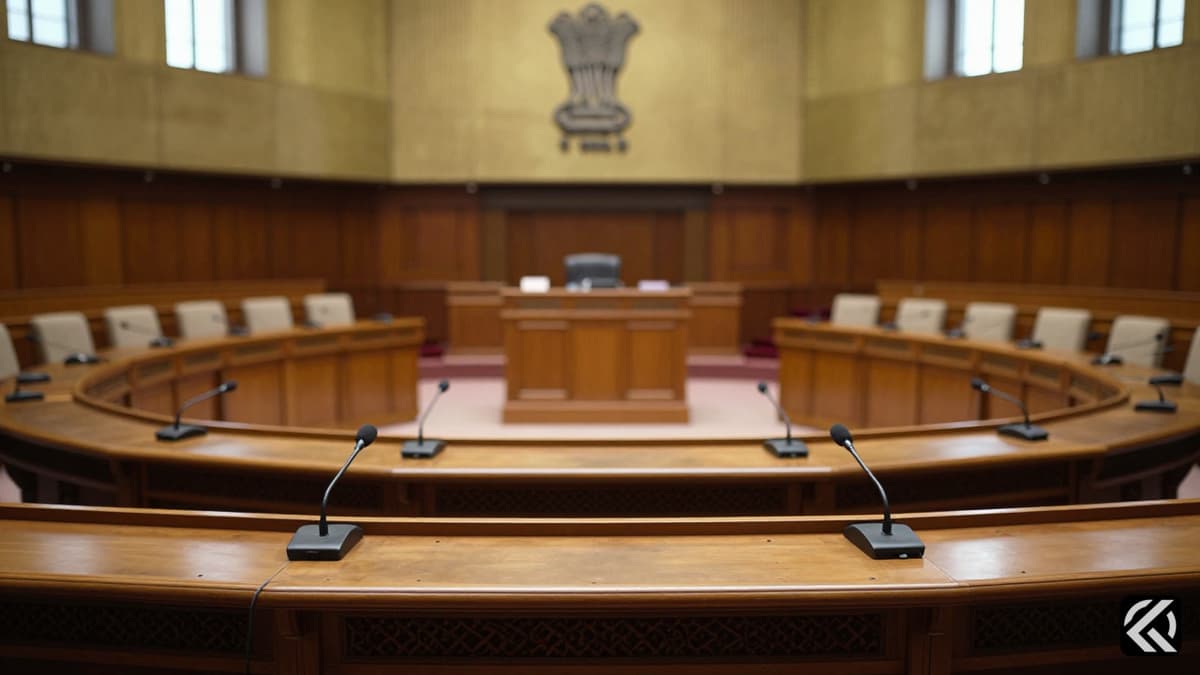 Interior view of the Indian Parliament House legislative chamber with empty desks and microphones under natural light.