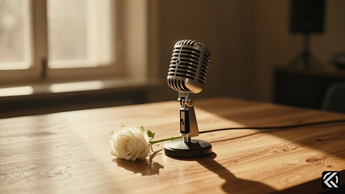 A vintage microphone on a wooden table with a white rose, symbolizing the legacy of a legendary Indian singer.