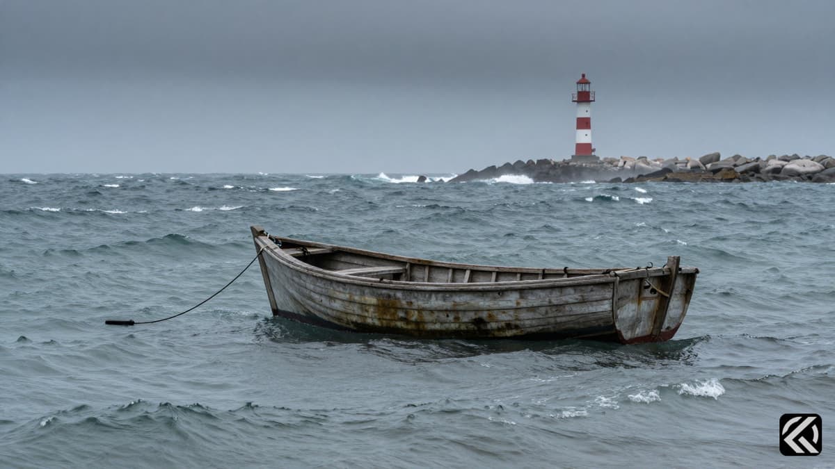 An abandoned dinghy floats on rough Bahamian waters near a lighthouse, symbolizing a missing sailor.
