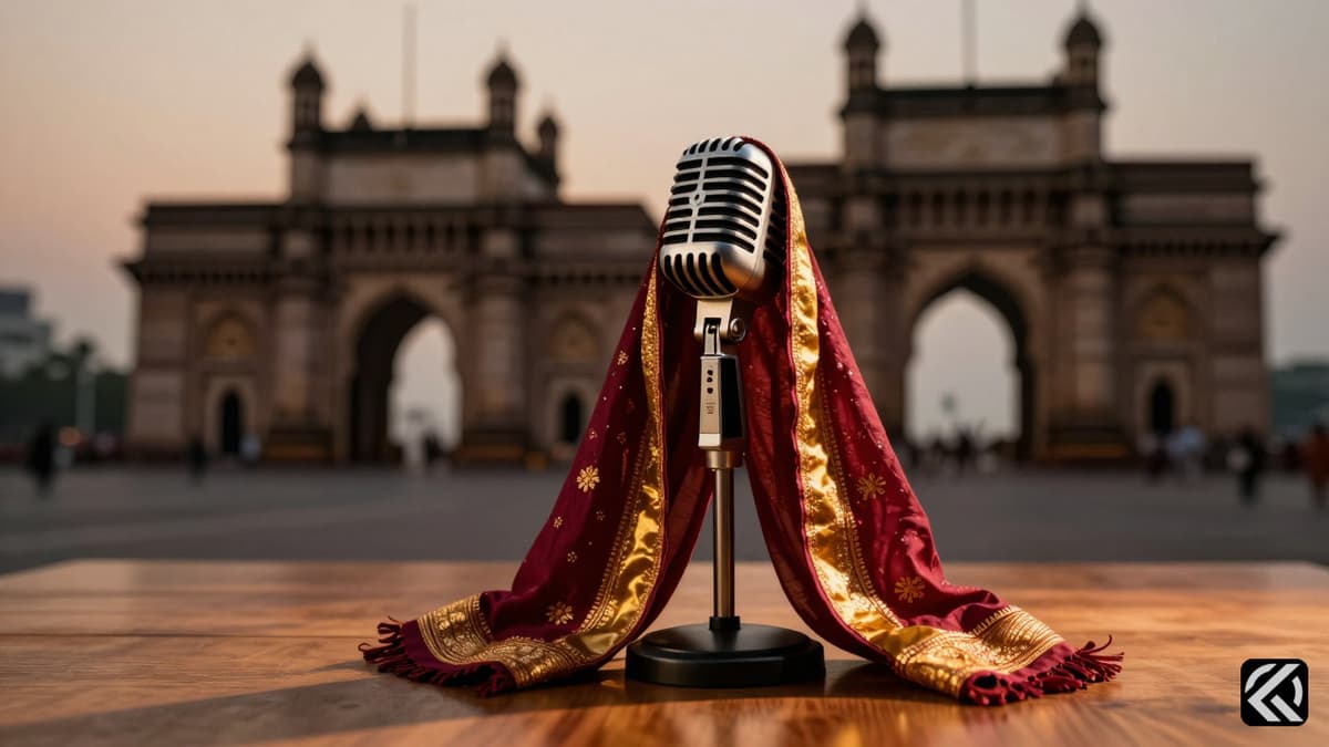 A vintage microphone on a wooden table draped in a maroon and gold scarf against a blurred Indian architectural background.