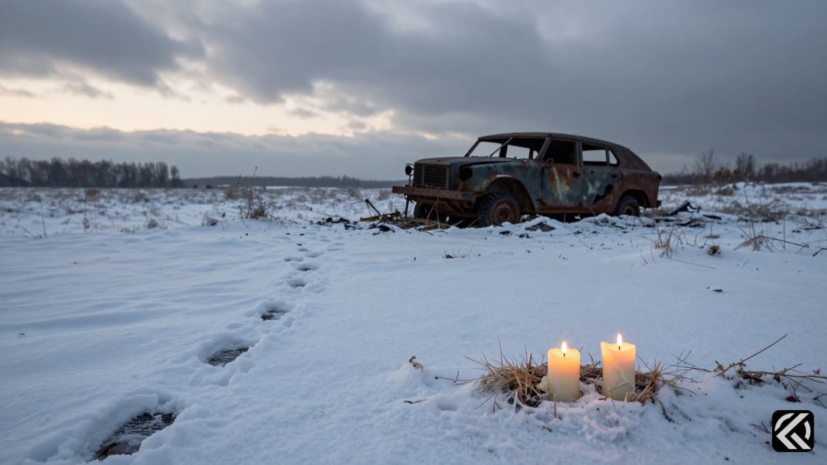 A desolate winter field with a destroyed military vehicle and unlit candles under a grey sky, symbolizing a broken truce.