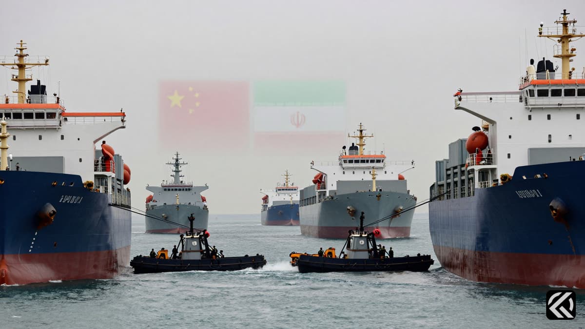 Naval minesweepers clear a busy maritime passage with flags of China and Iran visible on ships.