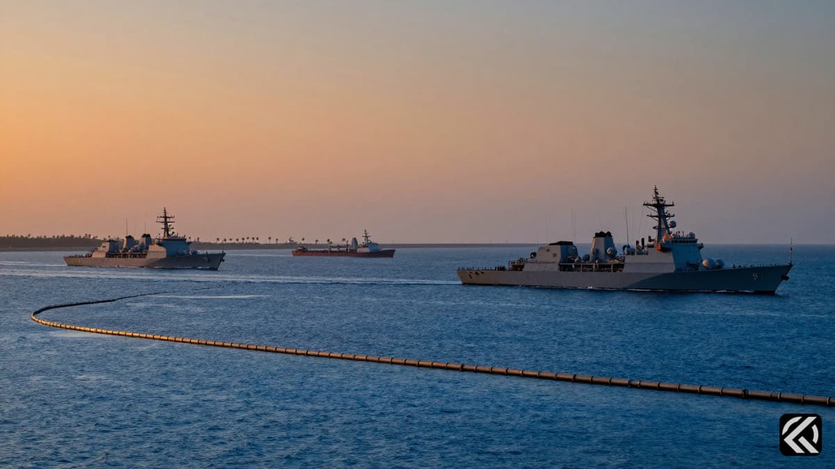 Naval warships and tankers in the Strait of Hormuz under a cloudy dawn sky with a naval blockade barrier visible.