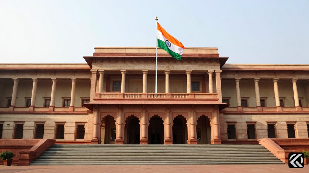 The exterior of the Indian Parliament building with the national flag waving in the morning light.