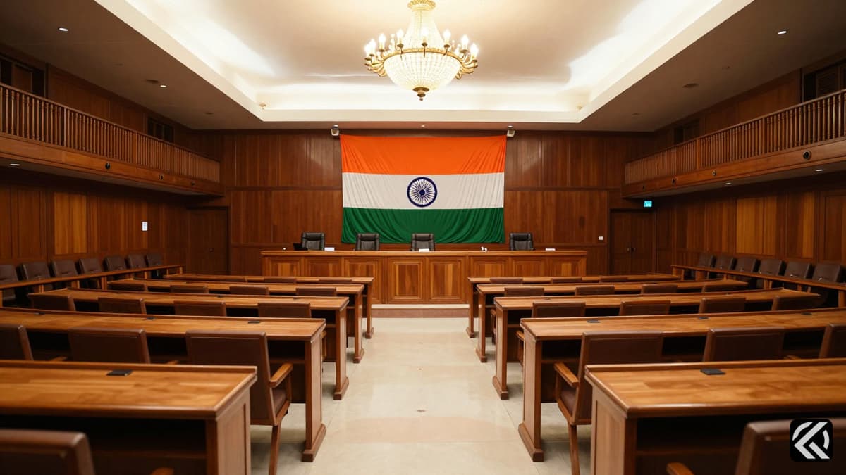 Interior of Indian Parliament chamber with desks and national flag, symbolizing upcoming legislative session.