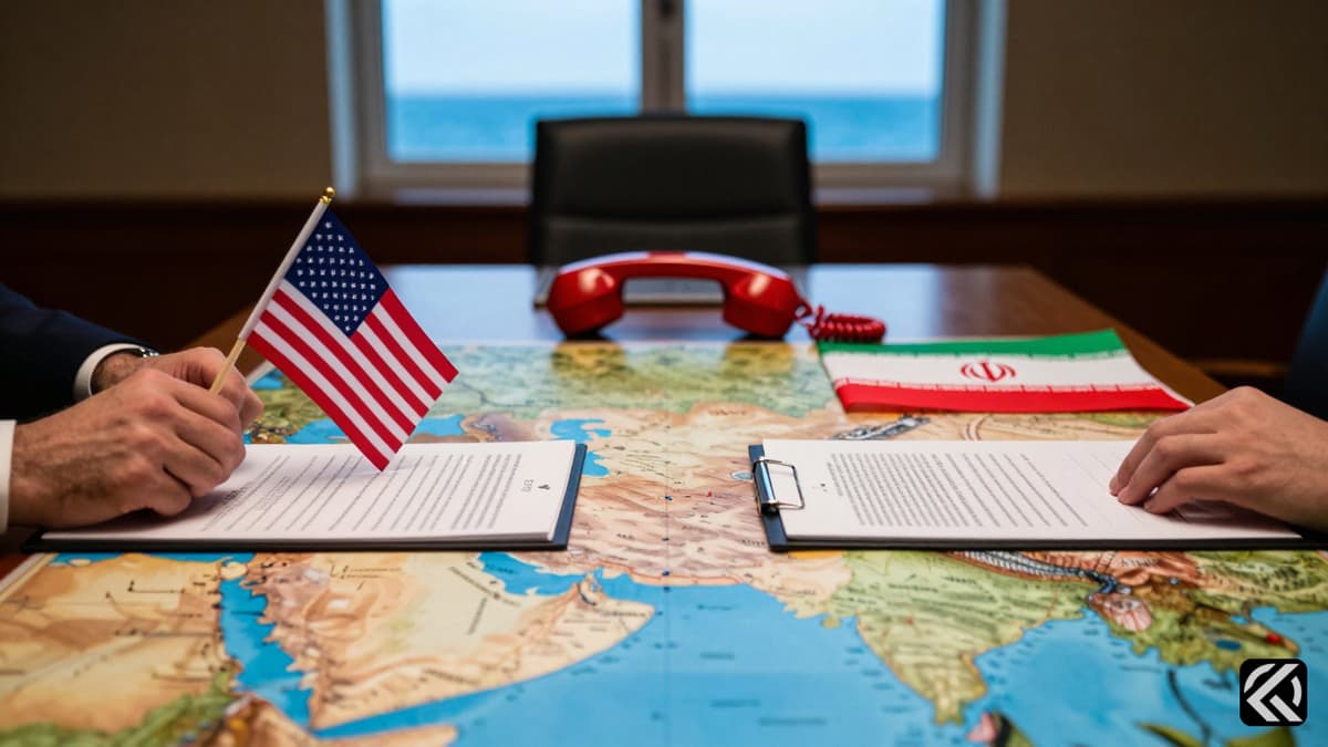 Negotiation table with maps of the Strait of Hormuz and flags of US and Iran, with a red phone symbolizing a disruptive call.