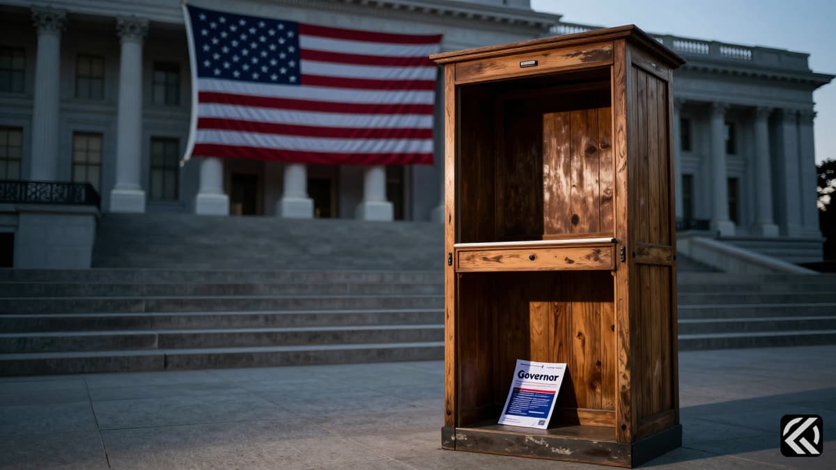 Empty voting booth and flag at California State Capitol symbolizing ended election campaign