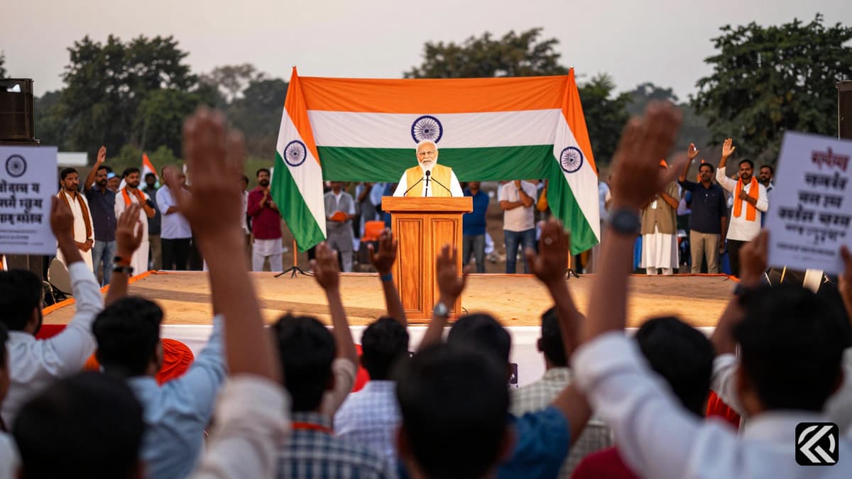 A political rally in India featuring flags and a podium, symbolizing the debate on the Uniform Civil Code without showing faces.