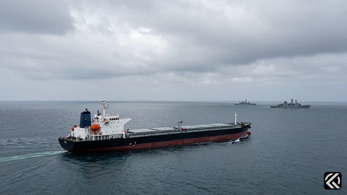 Oil tankers and naval ships in the Strait of Hormuz under overcast skies symbolizing trade restrictions.