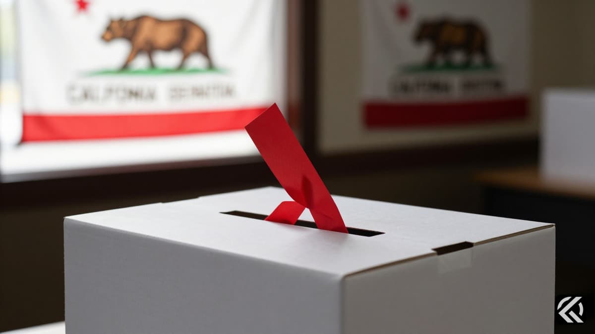 A blurred ballot box with a red ribbon and a California flag in a dim voting station.