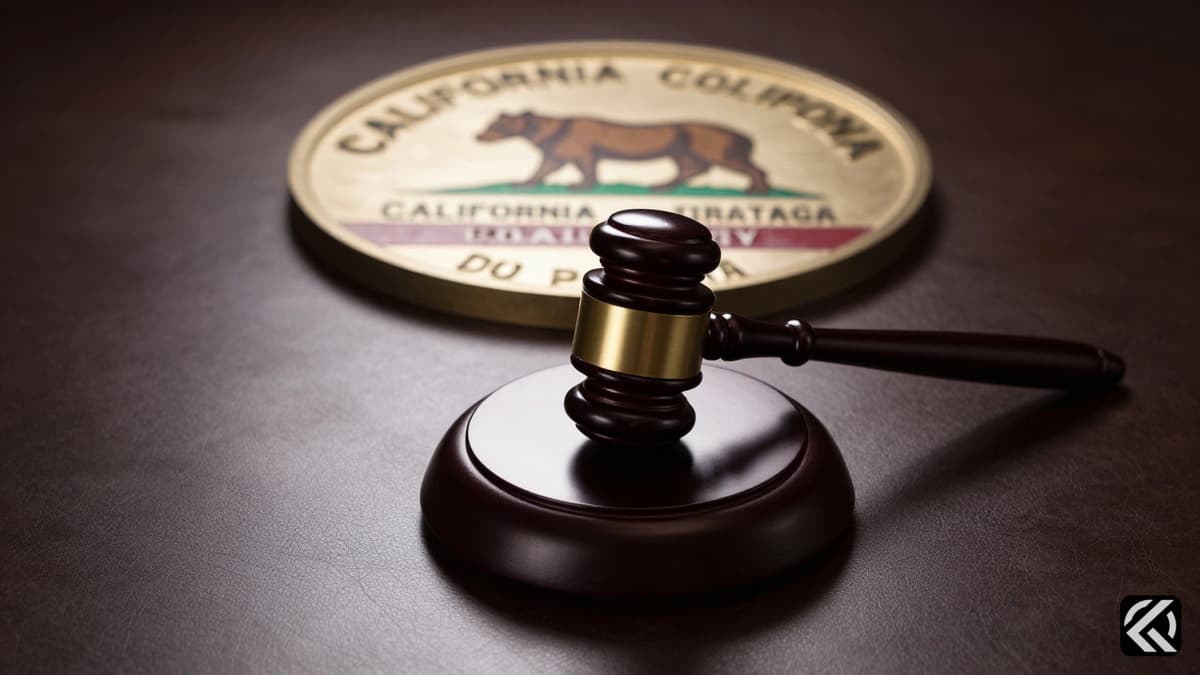 A gavel on a desk with the California state seal symbolizing legal proceedings.