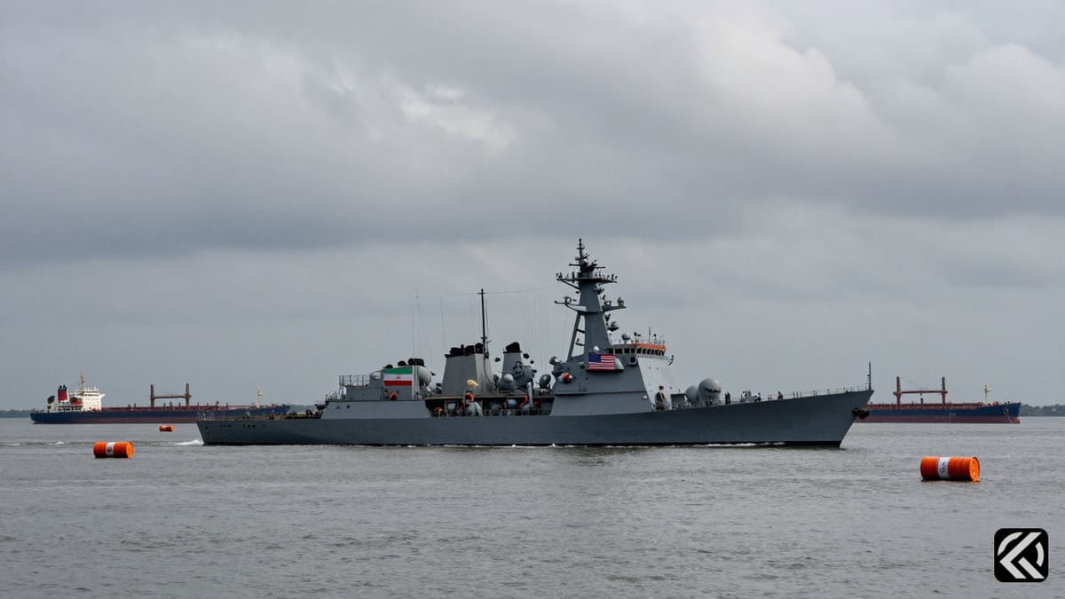 U.S. Navy warship enforces maritime blockade in the Strait of Hormuz near oil tankers under cloudy skies.