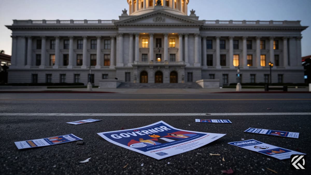 A bent campaign poster for governor lies on wet pavement outside a capitol building.