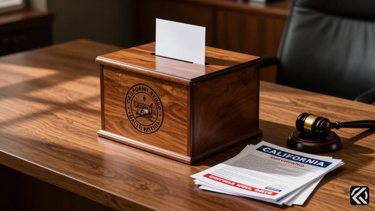 A wooden ballot box with a California seal on a campaign desk surrounded by shadows.