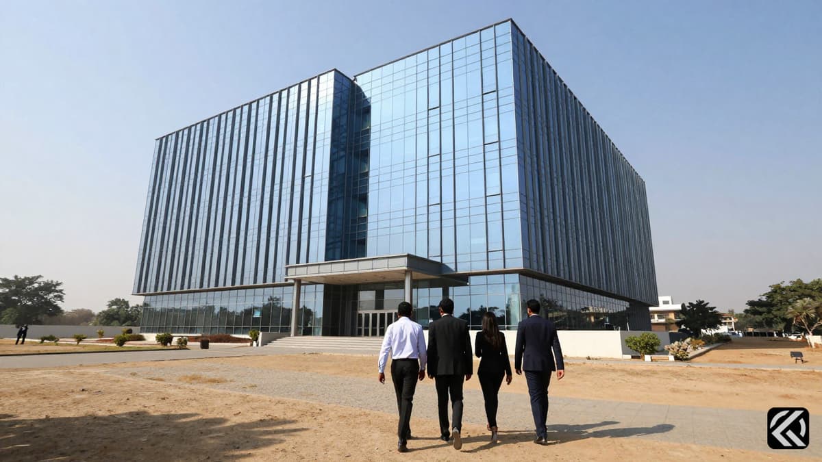 Modern corporate office building exterior with professional staff walking away on a sunny day, symbolizing a business environment under investigation.