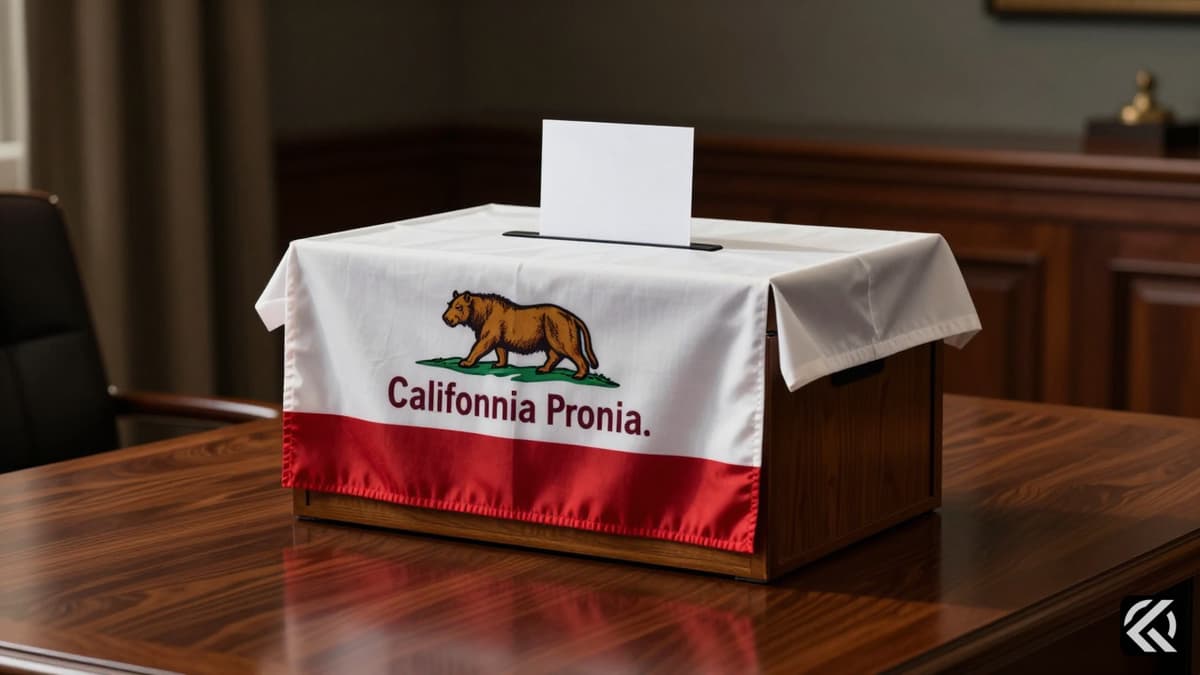A wooden ballot box draped with a California state flag on a desk in a formal office setting.