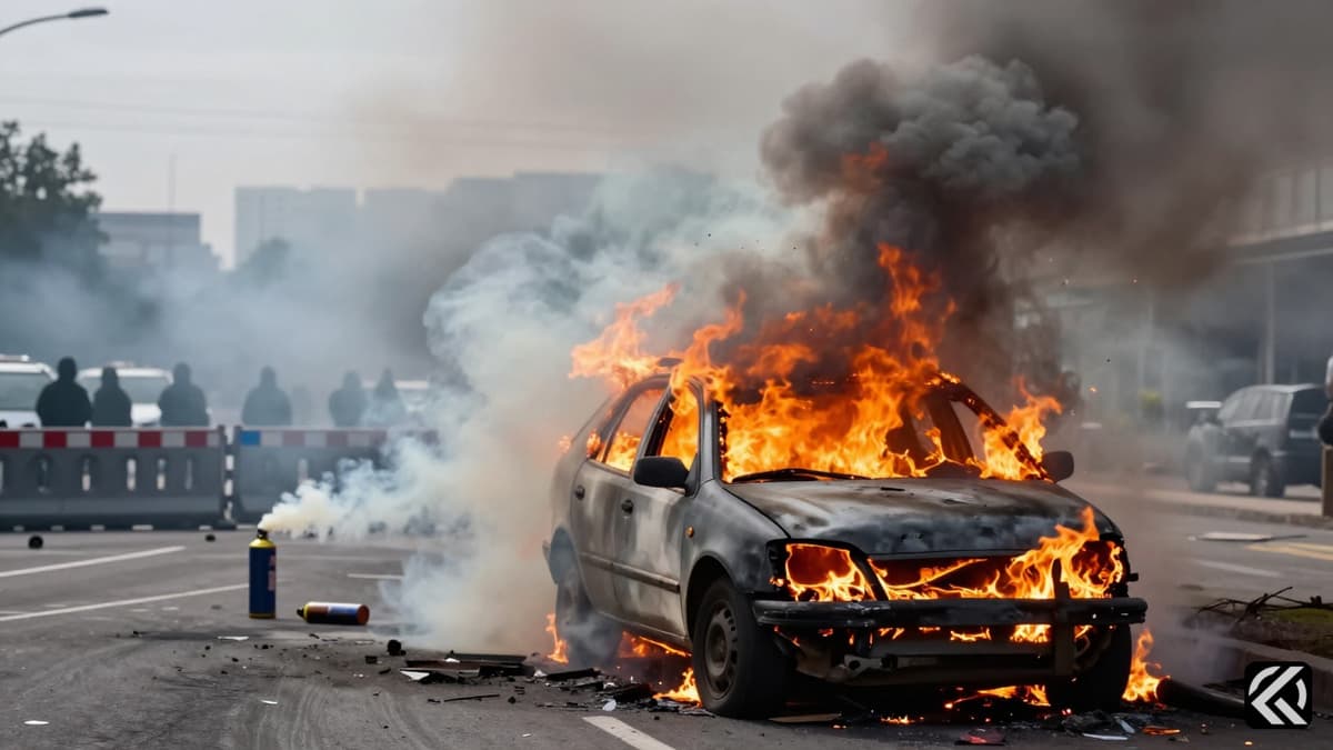 A damaged vehicle burns amidst smoke and debris during a Noida protest, with police barriers in the background.