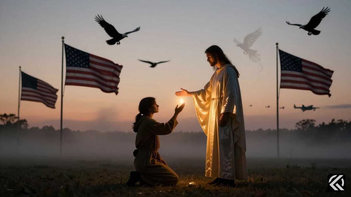 A robed figure performing a miracle with a radiant hand amidst flags and eagles in a twilight sky.