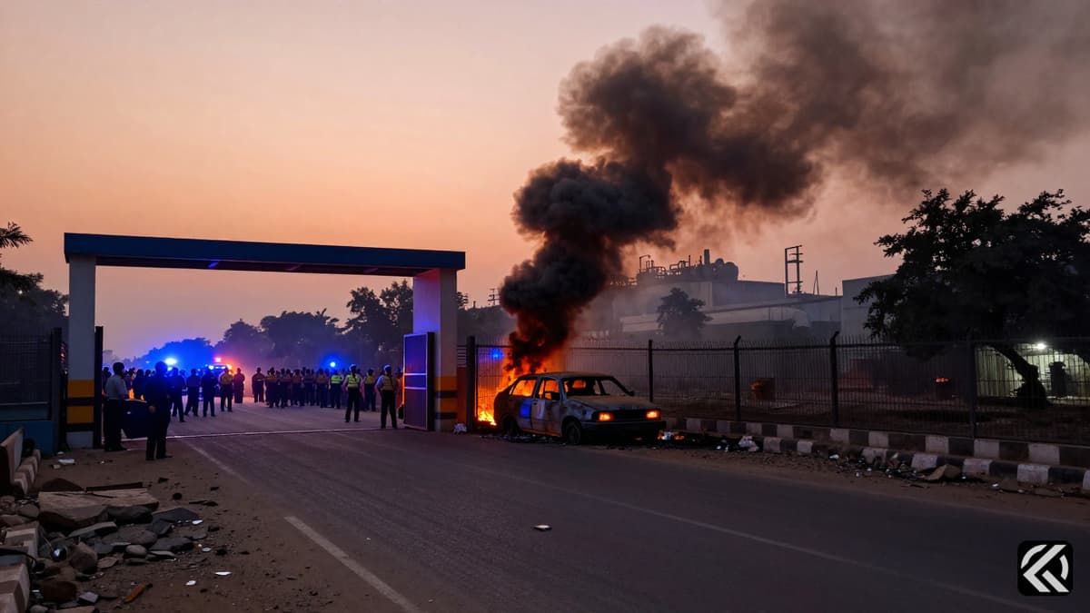 Burnt vehicle and smoke at Noida industrial area with police presence during unrest.