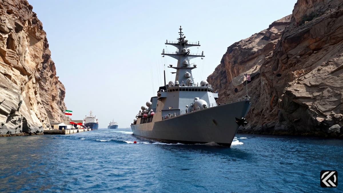 Naval blockade operations in the Strait of Hormuz with cargo ships and port facilities.