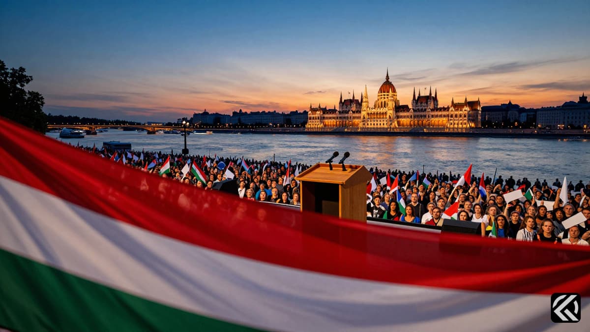 Crowd gathering along the Danube in Budapest with Hungarian flags and a podium under a sunset.