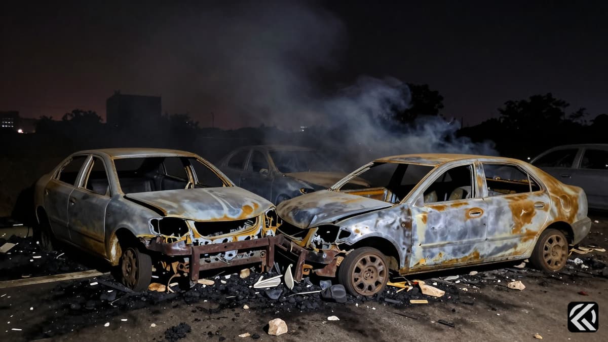 Burnt-out cars and debris from the Noida Phase 2 factory worker protests in the industrial area.