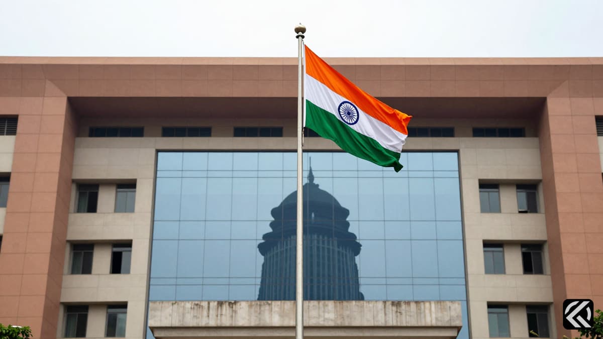 A realistic photo of an Indian government building with a flag and a corporate silhouette symbolizing a regulatory audit.