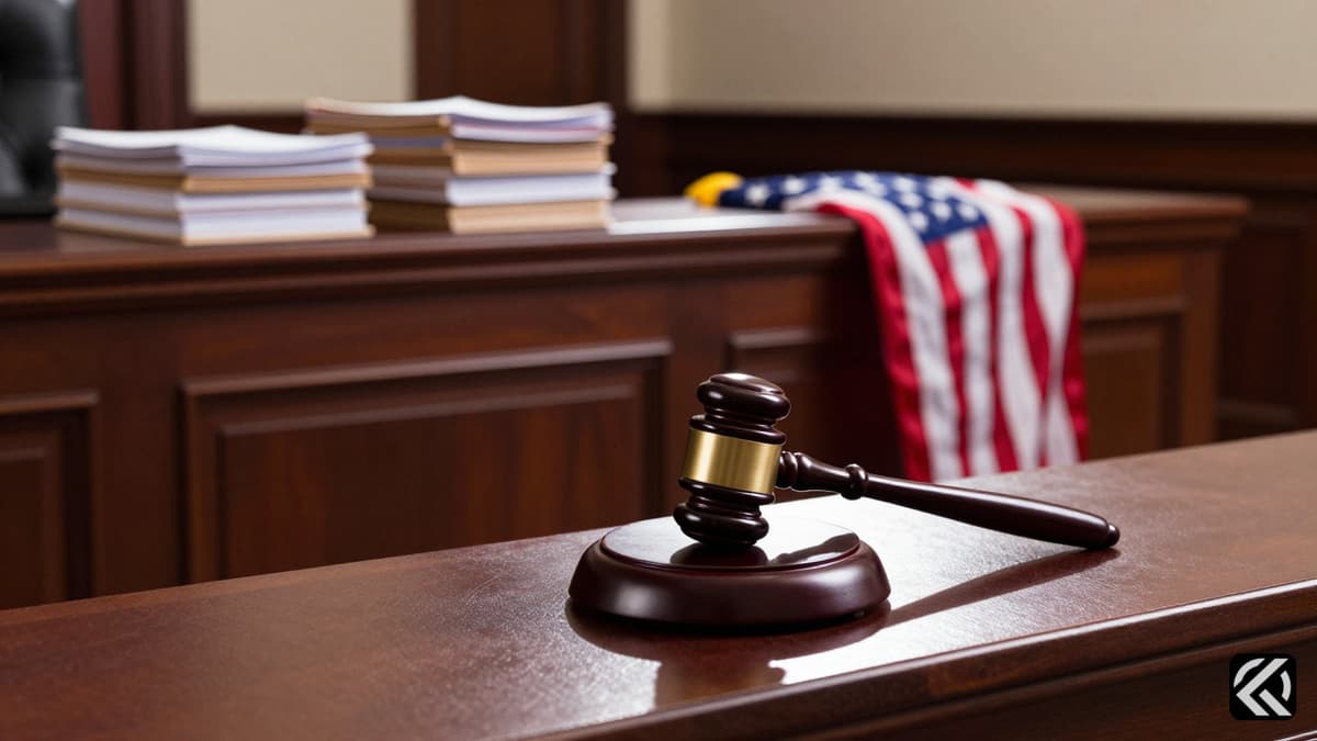 A judge's gavel rests on a wooden bench in a federal courtroom near legal documents in a serious atmosphere.