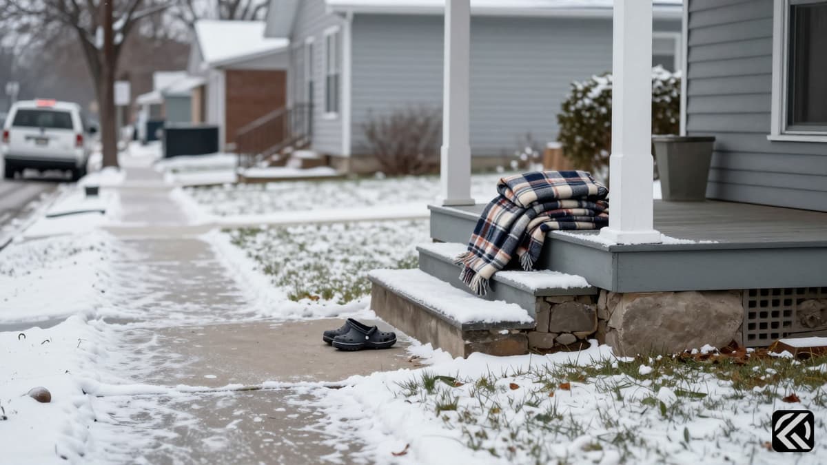 Cold winter scene with a plaid blanket and Crocs on a porch symbolizing the arrest of ChongLy Thao.