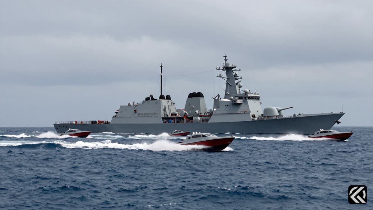 A large grey naval destroyer stands watch against small red speedboats in a stormy sea representing naval conflict.