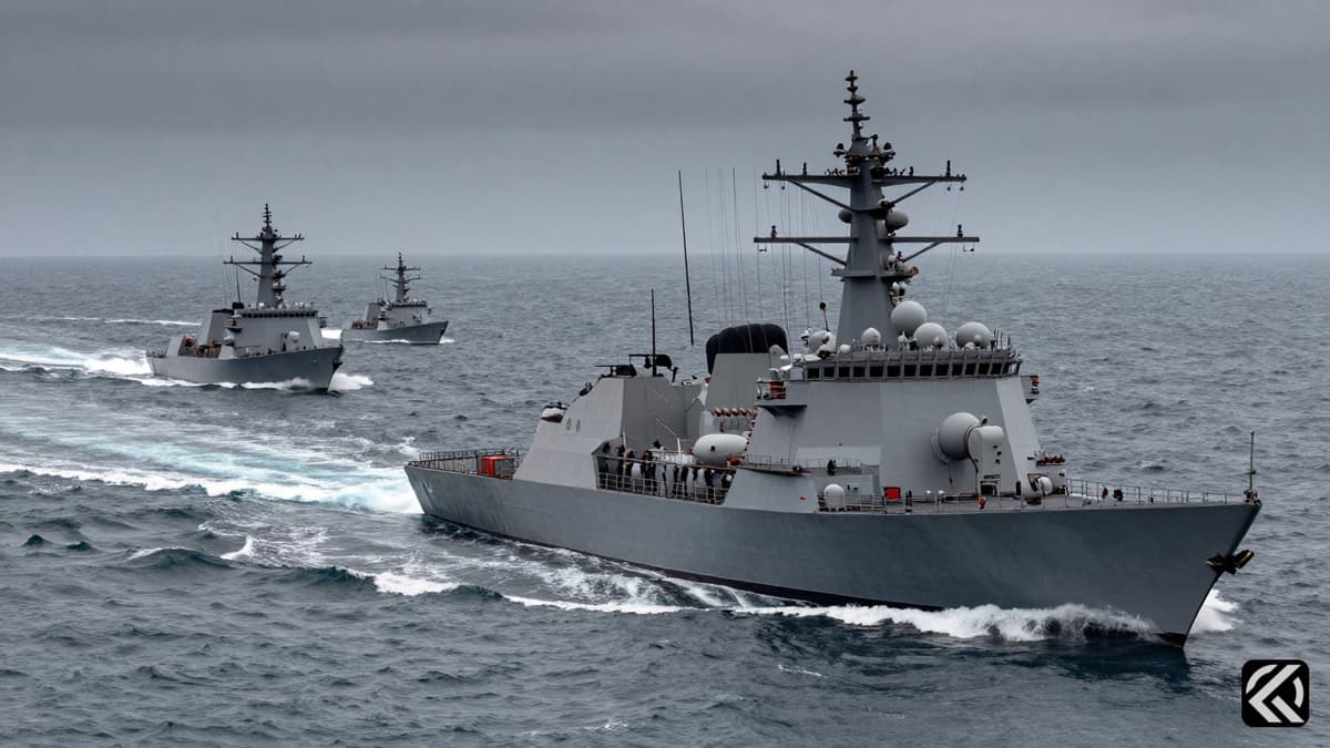 A realistic photo of a US naval destroyer and Iranian patrol boats in the Strait of Hormuz during tense waters.