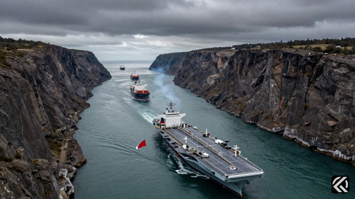 Aerial view of a naval blockade in a narrow strait with tankers and warships under stormy skies.