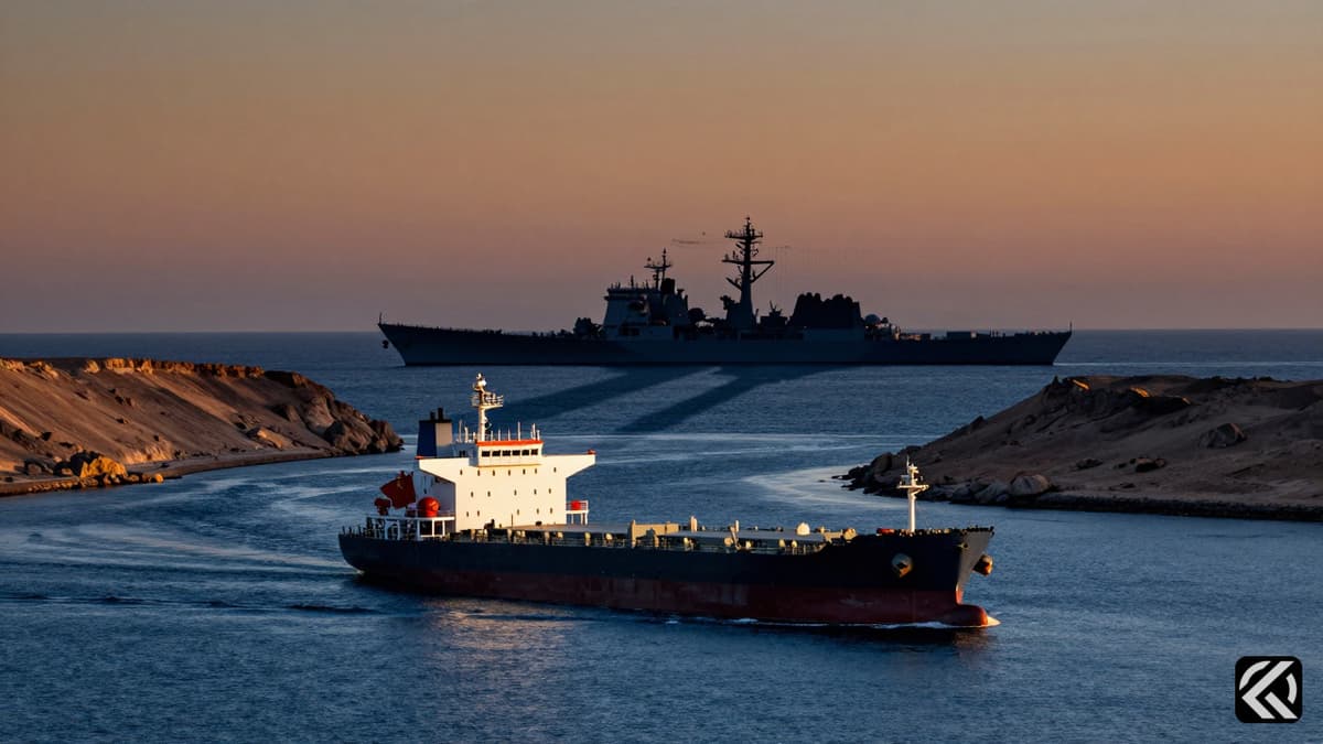 A Chinese tanker navigating the Strait of Hormuz under the watch of a US naval ship in a tense geopolitical standoff.